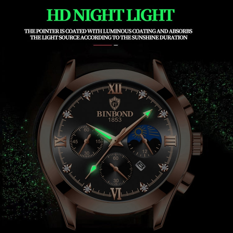 BINBOND B3591 30m Waterproof Luminous Calendar Men Watch, Rose Gold-Black, Rose Gold-White, Black Steel-Black, White Steel-Black, White Steel-White, Brown Leather-Rose-Black, Brown Leather-Rose-White, Black Leather-White-Black, Brown Leather-White-Whit...
