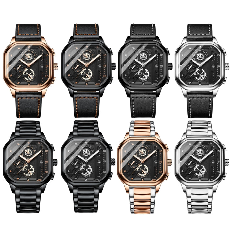 BINBOND B6577 30M Waterproof Luminous Square Quartz Watch, Black Leather-Rose Gold, Black Leather-Black-Rose Gold, Black Leather-Black-Black, Black Leather-White-White, Black Steel-Black-Rose Gold, Black Steel-Black-White, Rose Gold-Black-Rose Gold    ...