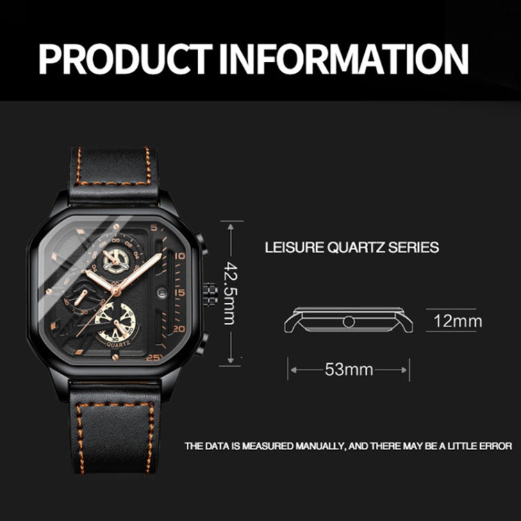 BINBOND B6577 30M Waterproof Luminous Square Quartz Watch, Black Leather-Rose Gold, Black Leather-Black-Rose Gold, Black Leather-Black-Black, Black Leather-White-White, Black Steel-Black-Rose Gold, Black Steel-Black-White, Rose Gold-Black-Rose Gold    ...