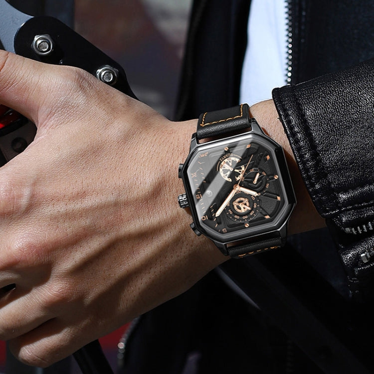 BINBOND B6577 30M Waterproof Luminous Square Quartz Watch, Black Leather-Rose Gold, Black Leather-Black-Rose Gold, Black Leather-Black-Black, Black Leather-White-White, Black Steel-Black-Rose Gold, Black Steel-Black-White, Rose Gold-Black-Rose Gold    ...