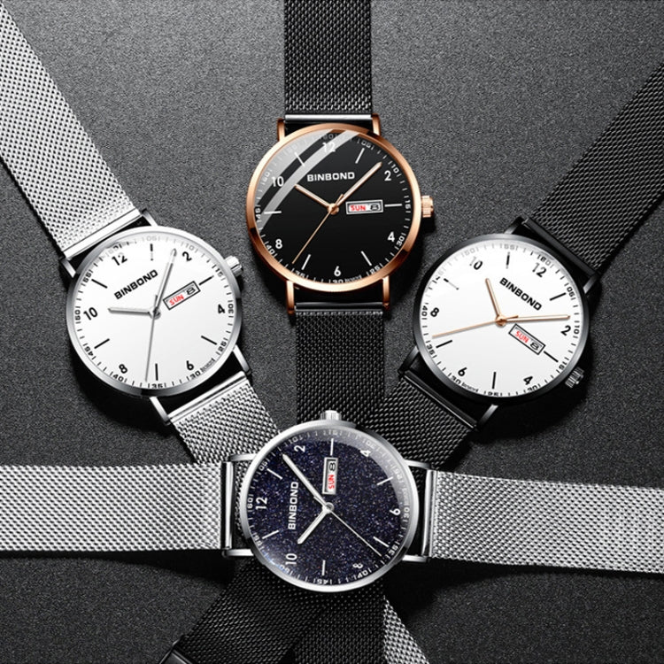 BINBOND B3820 30M Waterproof Ultra-thin Quartz Luminous Starry Watch, Black Net-Black-Starry, White Net-White-Starry, Black Leather-Black-Starry, Black Leather-White-Starry, Black Net-Rose Gold-Starry, Black Leather-Rose Gold-Starry                    ...