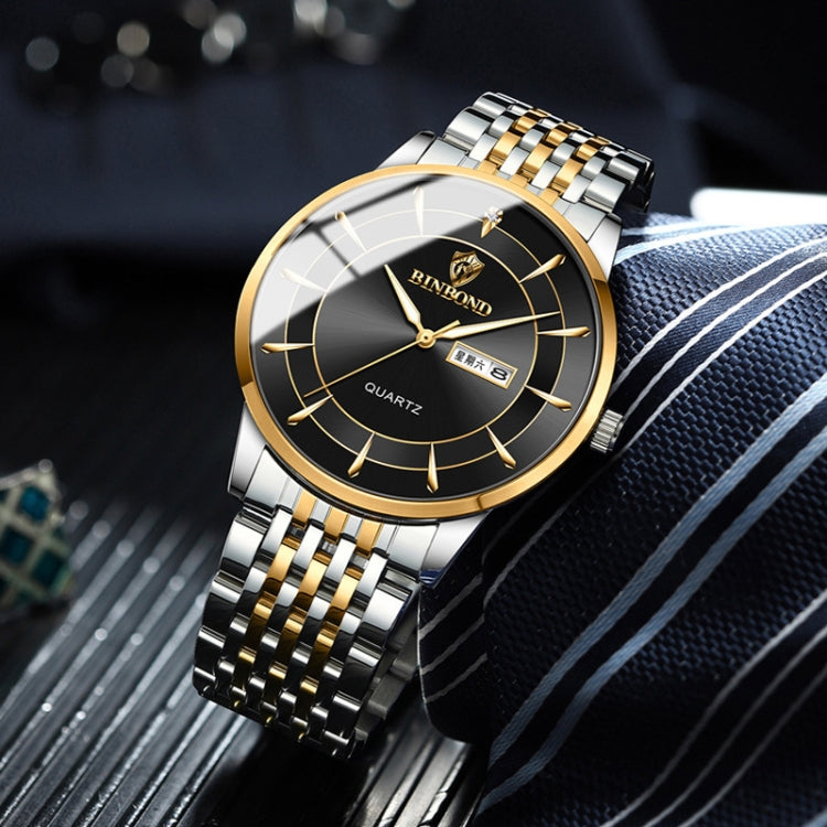 BINBOND B2077 30M Waterproof Quartz Luminous Watch Butterfly Buckle Men's Steel Belt Watch