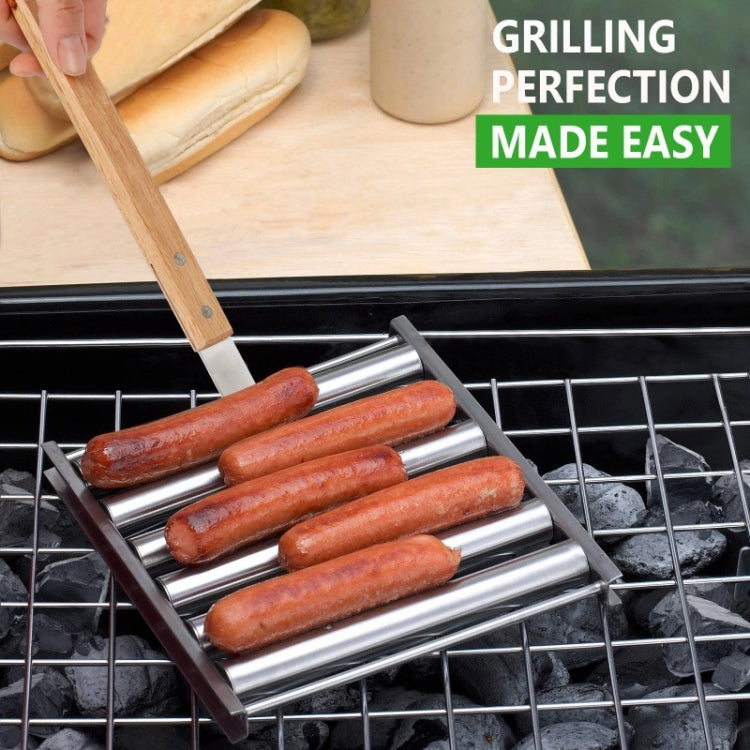 Hot Dog Sausage Grill Stainless Steel Wooden Handle BBQ Rack Kitchen Tools, Hot Dog Sausage Grill