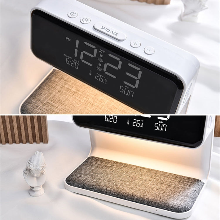 مصباح بجانب السرير بشحن لاسلكي 3 في 1 بقوة 10 واط مع شاشة LCD ومنبه وشاحن هاتف، قابس الاتحاد الأوروبي