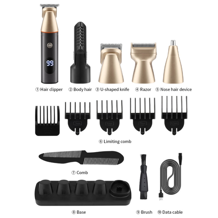 5 In 1 Haircut Digital Display Water Washing Shaver Nose Hair Electric Push Shear Set, LK-881 5 In 1 (Gold), LK-881 5 In 1 (Silver)