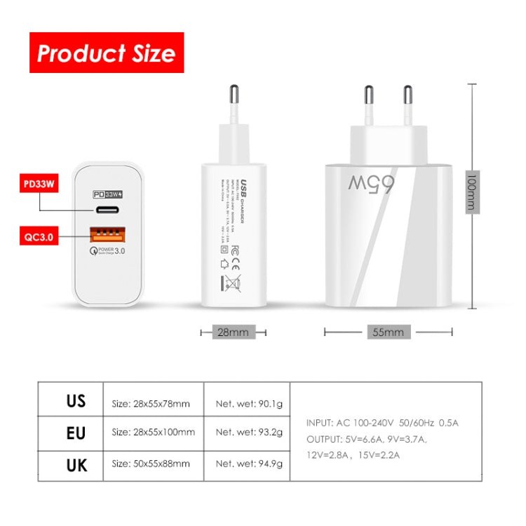 A502 65W USB-C/Type-C+USB Dual Port GaN Charger QC3.0 Laptop Universal Charger, EU Plug Black, EU Plug White, US Plug Black, US Plug White, UK Plug Black, UK Plug White