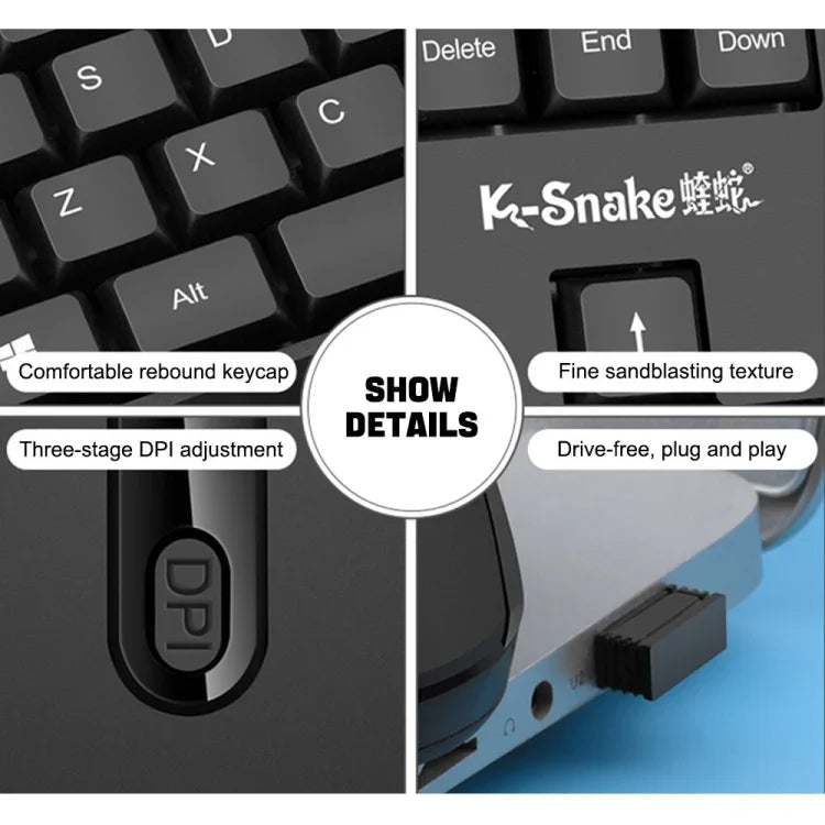 K-Snake WK800 مجموعة لوحة مفاتيح وفأرة لاسلكية 2.4G للاستخدام المكتبي والمكتبي المحمول والمكتب والمنزل، أبيض، أسود