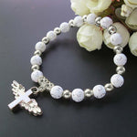 Gold Stamped Acrylic Angel Cross Bead Bracelet, Blue, White, Pink, Silver