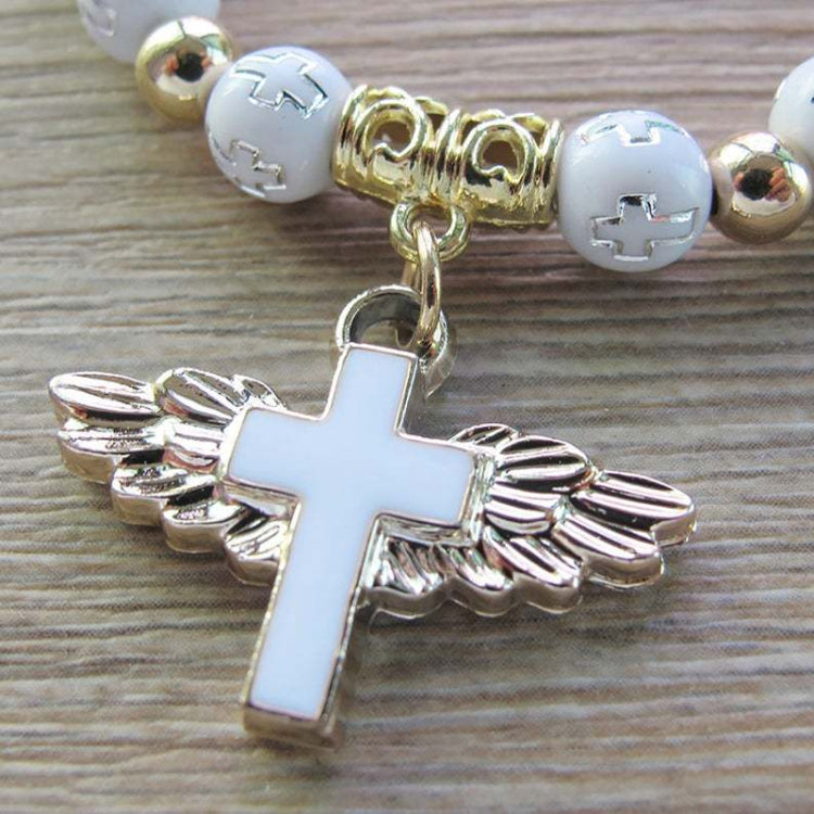 Gold Stamped Acrylic Angel Cross Bead Bracelet, Blue, White, Pink, Silver
