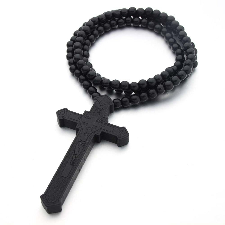 Cross Laser Engraved Wooden Bead Necklace, Red, Black, True Color, Brown