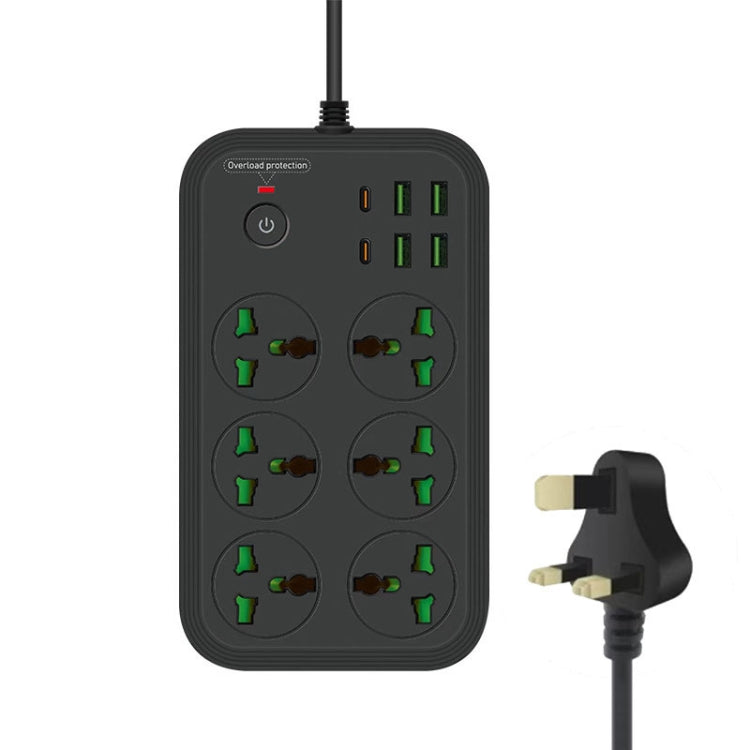 مقبس متعدد الوظائف مقاوم للحريق T24 بطول 2 متر، 3000 واط، 6 مقابس + PD + 4 منافذ USB مع مفتاح، قابس المملكة المتحدة، قابس الولايات المتحدة