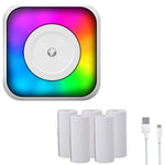 طابعة بلوتوث محمولة صغيرة بإضاءة RGB لطباعة المستندات والملصقات بدون حبر، مع 1 لفة ورق، مع 5 لفات ورق، مع 5 لفات ملصقات، مع 5 ورقات + 5 ملصقات + 3 ورقات ملونة