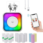 طابعة بلوتوث محمولة صغيرة بإضاءة RGB لطباعة المستندات والملصقات بدون حبر، مع 1 لفة ورق، مع 5 لفات ورق، مع 5 لفات ملصقات، مع 5 ورقات + 5 ملصقات + 3 ورقات ملونة