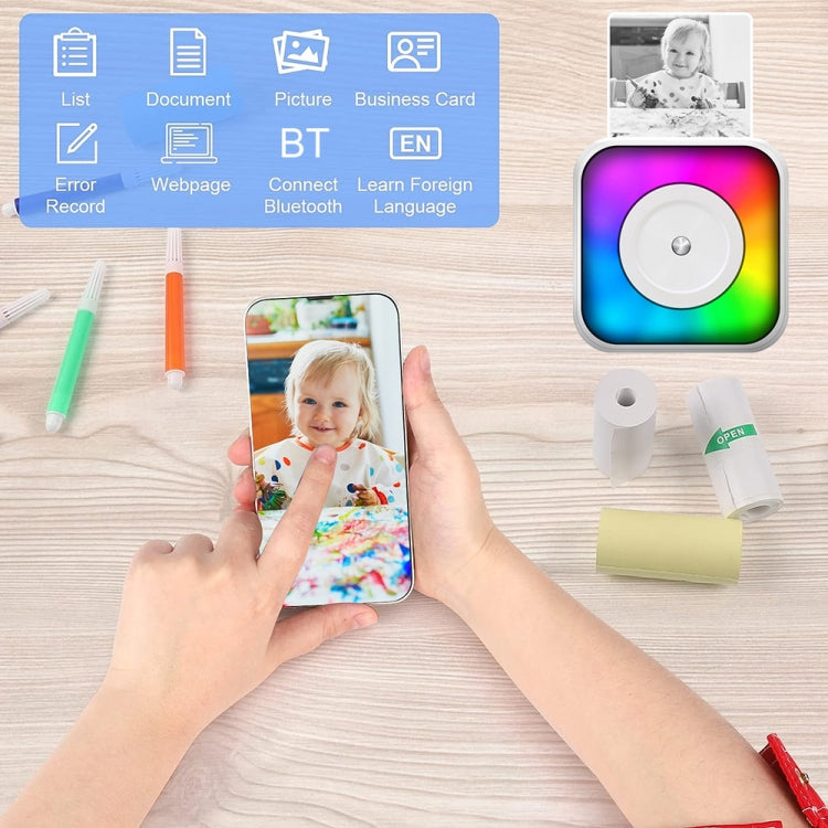 طابعة بلوتوث محمولة صغيرة بإضاءة RGB لطباعة المستندات والملصقات بدون حبر، مع 1 لفة ورق، مع 5 لفات ورق، مع 5 لفات ملصقات، مع 5 ورقات + 5 ملصقات + 3 ورقات ملونة