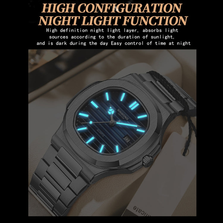 BINBOND B1885 30m Waterproof Retro Luminous Square Men Quartz Watch, White Steel-Blue, White Steel-Black, White Steel-White, White Steel-Green, Rose Gold-Blue, Rose Gold-Black, Rose Gold-White, Black Steel-Black-White, Black Steel-Blue-White