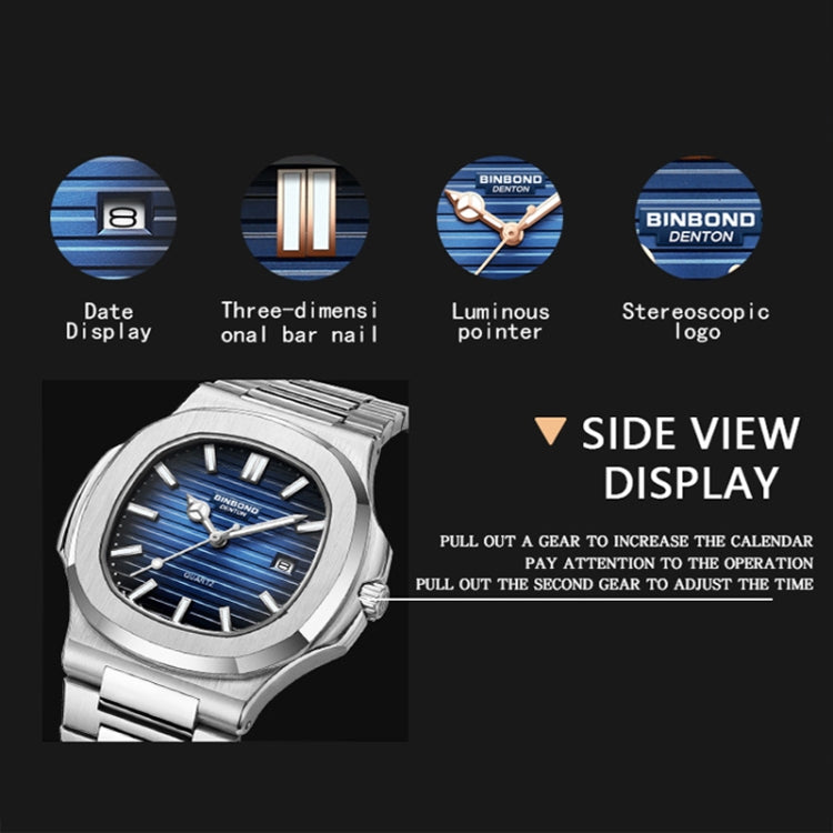 BINBOND B1885 30m Waterproof Retro Luminous Square Men Quartz Watch, White Steel-Blue, White Steel-Black, White Steel-White, White Steel-Green, Rose Gold-Blue, Rose Gold-Black, Rose Gold-White, Black Steel-Black-White, Black Steel-Blue-White