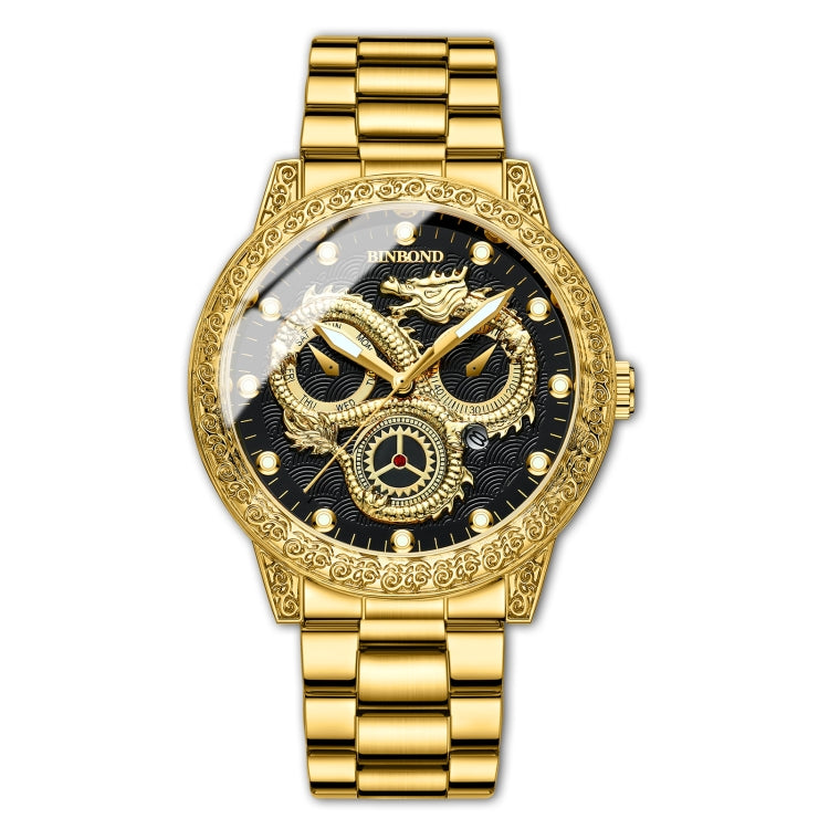 BINBOND B3030 Montre à quartz étanche lumineuse avec dragon en relief, Noir entièrement doré, Blanc acier-blanc