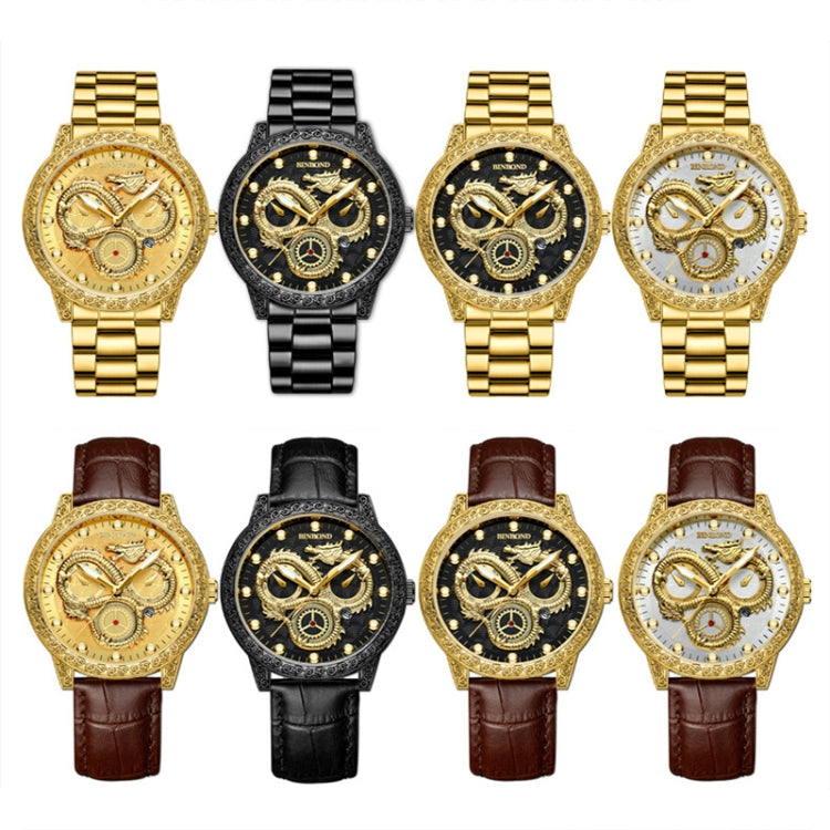 BINBOND B3030 Embossed Dragon Luminous Waterproof Quartz Watch, Full-gold Gold, Full-gold Black, Full-gold White, Black Steel-Black, White Steel-Black, White Steel-White, Brown Leather-Full-gold-Gold, Brown Leather-Full-gold-Black                      ...