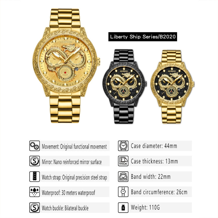 BINBOND B3030 Embossed Dragon Luminous Waterproof Quartz Watch, Full-gold Gold, Full-gold Black, Full-gold White, Black Steel-Black, White Steel-Black, White Steel-White, Brown Leather-Full-gold-Gold, Brown Leather-Full-gold-Black                      ...