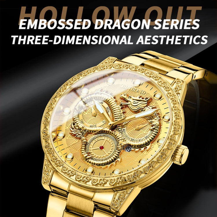 BINBOND B3030 Embossed Dragon Luminous Waterproof Quartz Watch, Full-gold Gold, Full-gold Black, Full-gold White, Black Steel-Black, White Steel-Black, White Steel-White, Brown Leather-Full-gold-Gold, Brown Leather-Full-gold-Black                      ...
