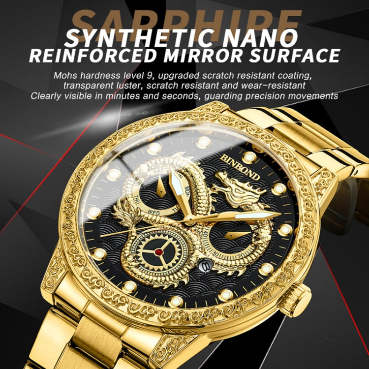 BINBOND B3030 Embossed Dragon Luminous Waterproof Quartz Watch, Full-gold Gold, Full-gold Black, Full-gold White, Black Steel-Black, White Steel-Black, White Steel-White, Brown Leather-Full-gold-Gold, Brown Leather-Full-gold-Black                      ...