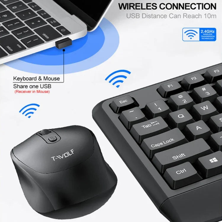 T-WOLF TF-100 2.4G Bluetooth Laptop Office Wireless Keyboard and Mouse Set, TF-100(Black)