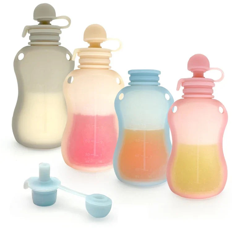 150ml Reusable Silicone Baby Food Pouches Refillable Squeeze Storage Containers, 150ml  Blue, 150ml Pink, 150ml Beige