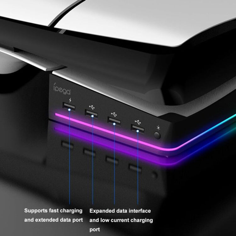 Support horizontal IPEGA PG-P5S021 pour éclairage RGB avec 4 hubs USB, blanc et noir, compatible avec la Sony PS5 Slim.