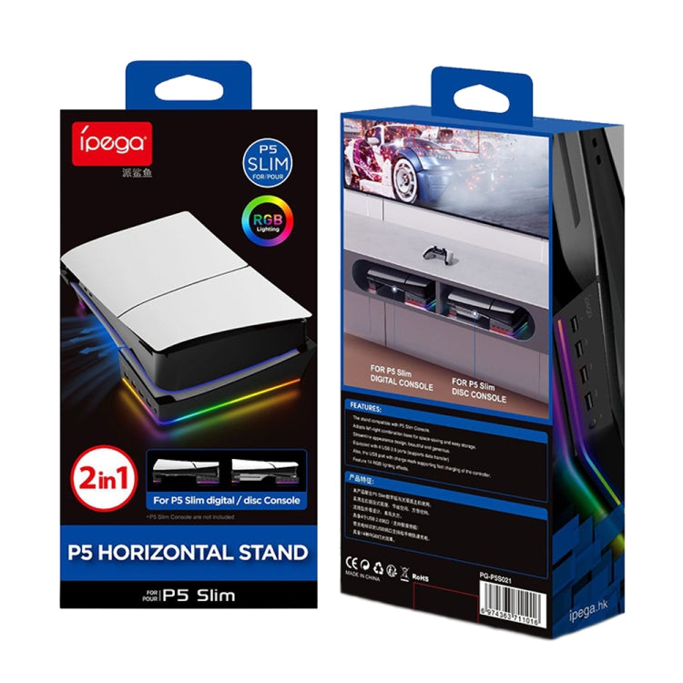 Support horizontal IPEGA PG-P5S021 pour éclairage RGB avec 4 hubs USB, blanc et noir, compatible avec la Sony PS5 Slim.