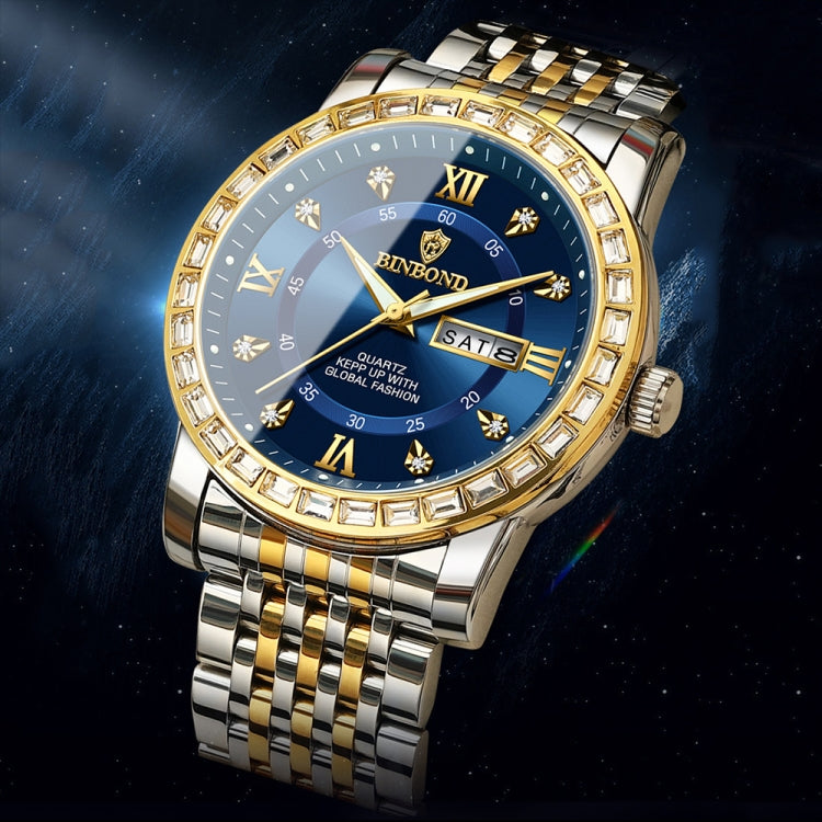 BINBOND B2202 Diamond Dual-calendar Luminous Quartz Watch, Inter-gold-Blue, Inter-gold-Green, Inter-gold-Black, Inter-gold-White, Full-gold-Gold, Full-gold-Black, White Steel-Blue, White Steel-Black