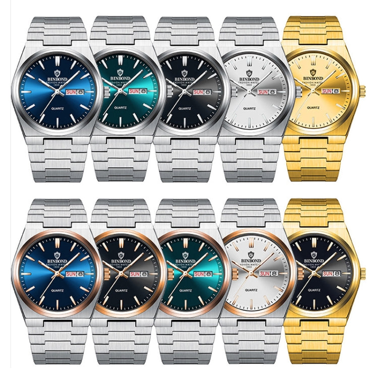 BINBOND B102 Dual-calendar Leisure Waterproof Luminous Quartz Watch, White Steel-Blue, White Steel-Green, White Steel-Black, White Steel-White, Inter-Rose-Gold-Blue, Inter-Rose-Gold-Black, Inter-Rose-Gold-White, Inter-Rose-Gold-Green, Full-gold-Gold   ...