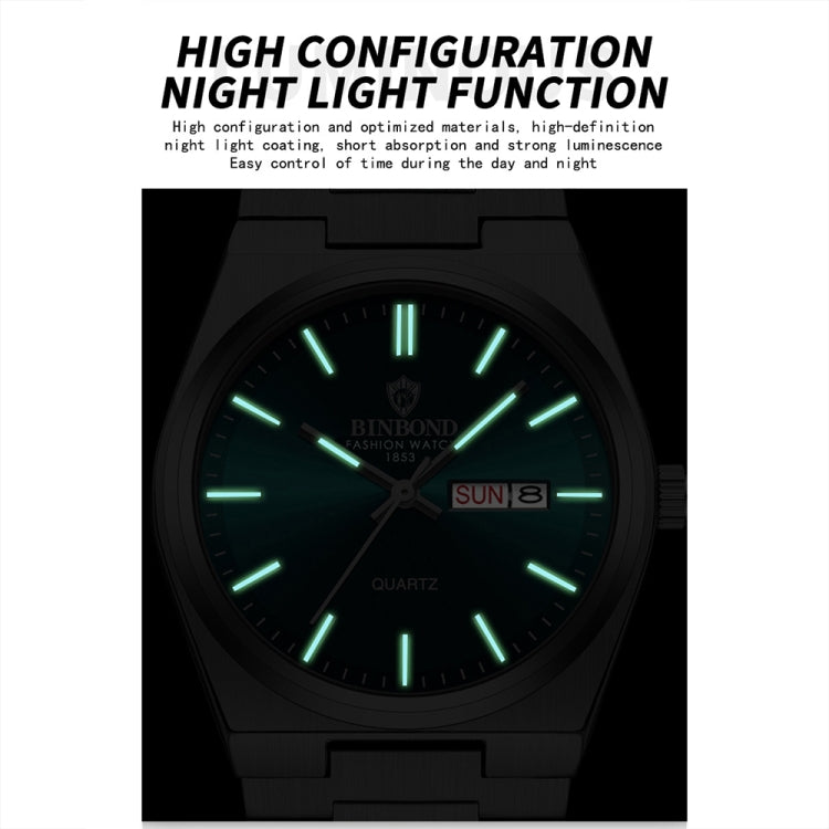BINBOND B102 Dual-calendar Leisure Waterproof Luminous Quartz Watch, White Steel-Blue, White Steel-Green, White Steel-Black, White Steel-White, Inter-Rose-Gold-Blue, Inter-Rose-Gold-Black, Inter-Rose-Gold-White, Inter-Rose-Gold-Green, Full-gold-Gold   ...