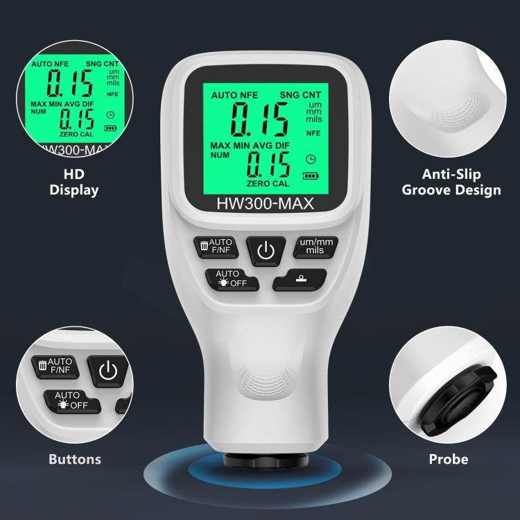 HW300-MAX Coating Thickness Gauge Anti-skid Paint Film Tester, White, Black