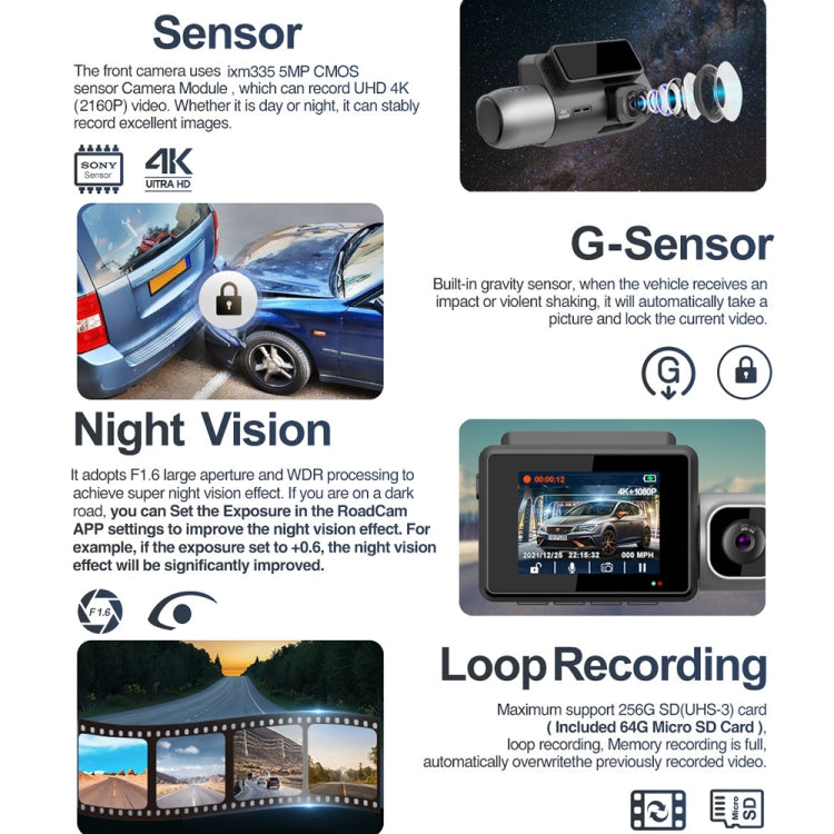 M700A 3 Channels Car Recorder 4K UHD Front+1080P Inside+2K Rear+GPS+WIFI Dash Cam, M700A