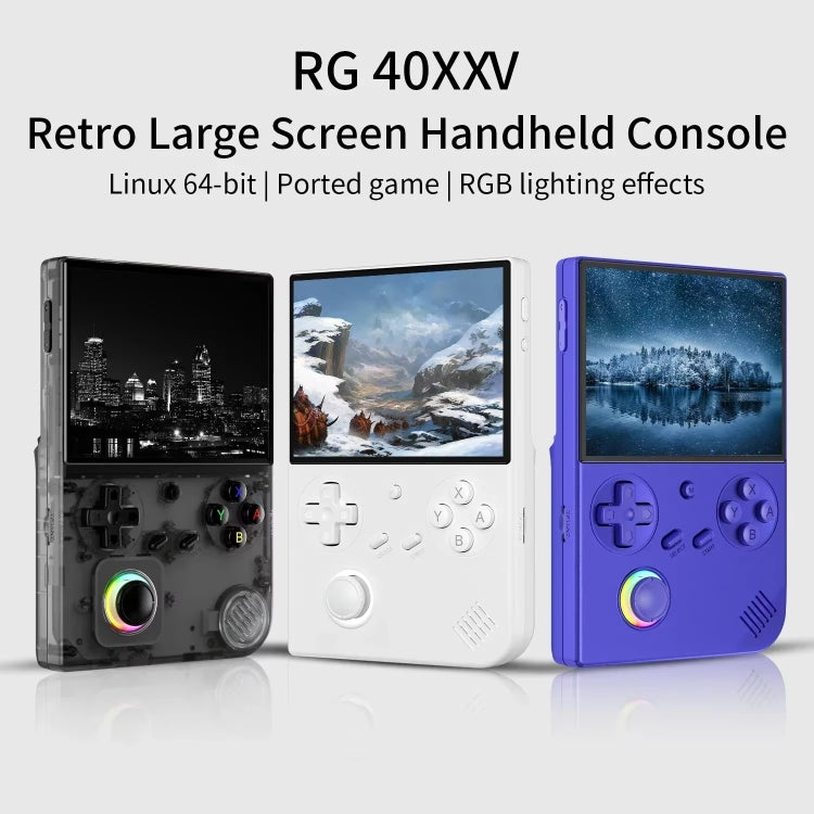 Console de jeu portable rétro ANBERNIC RG40XXV avec écran HD vertical, joystick et éclairage d'ambiance. Disponible en 64 Go, 64 Go + 128 Go et 64 Go + 256 Go.