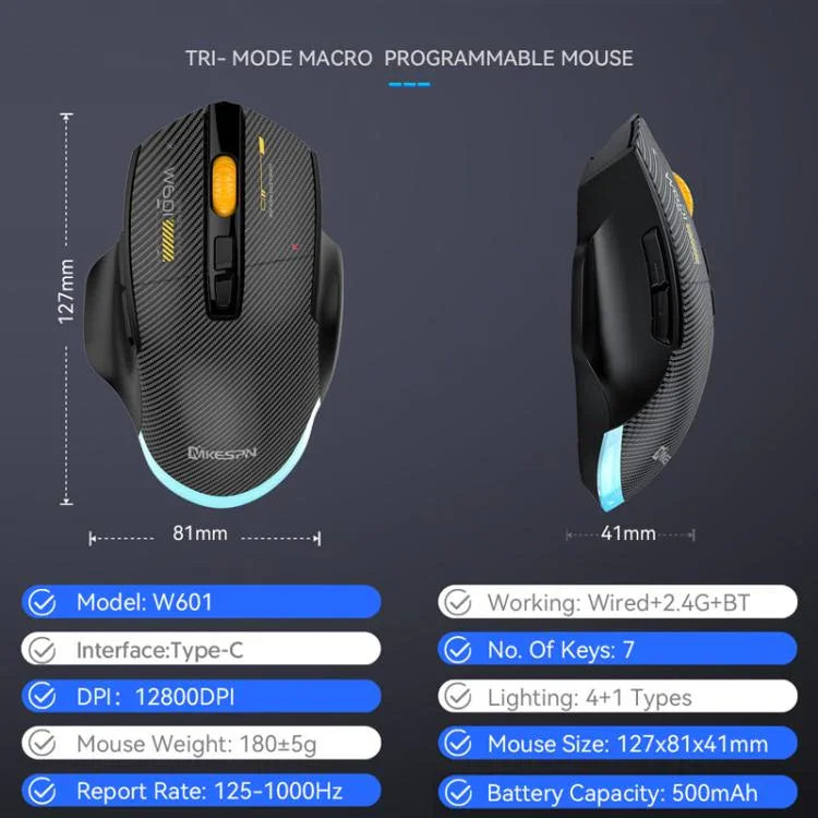 MKESPN W601 Silent Wireless Tri-mode Macro Gaming Mouse Carbon Fiber 12800DPI Bluetooth Mouse