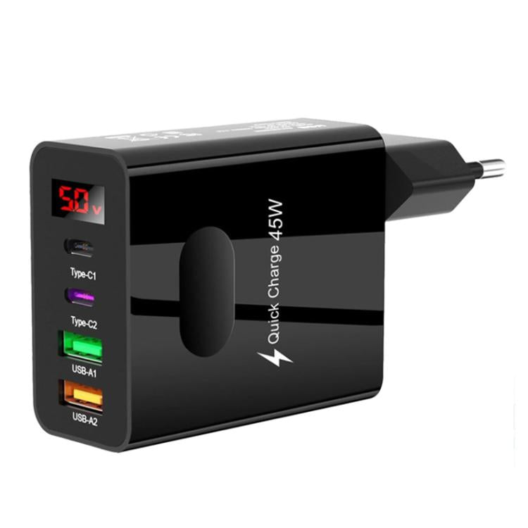 شاحن متعدد المنافذ للهاتف المحمول مع شاشة رقمية 2 USB + 2 Type-C، قابس الاتحاد الأوروبي أسود، قابس الولايات المتحدة أسود، قابس المملكة المتحدة أسود، قابس الاتحاد الأوروبي أبيض، قابس الولايات المتحدة أبيض، قابس المملكة المتحدة أبيض