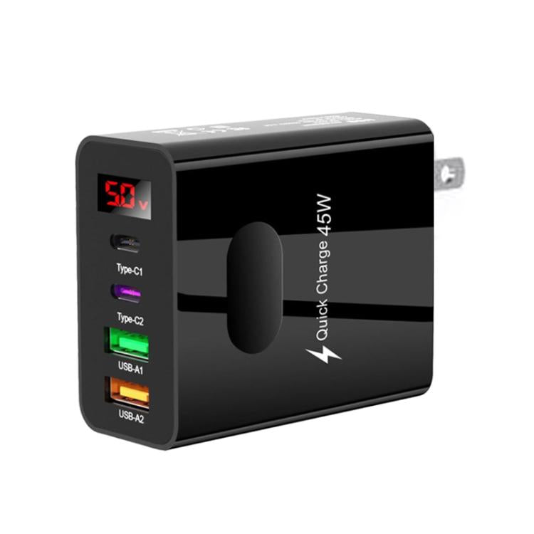 شاحن متعدد المنافذ للهاتف المحمول مع شاشة رقمية 2 USB + 2 Type-C، قابس الاتحاد الأوروبي أسود، قابس الولايات المتحدة أسود، قابس المملكة المتحدة أسود، قابس الاتحاد الأوروبي أبيض، قابس الولايات المتحدة أبيض، قابس المملكة المتحدة أبيض