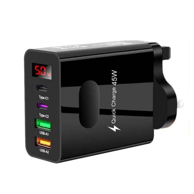 شاحن متعدد المنافذ للهاتف المحمول مع شاشة رقمية 2 USB + 2 Type-C، قابس الاتحاد الأوروبي أسود، قابس الولايات المتحدة أسود، قابس المملكة المتحدة أسود، قابس الاتحاد الأوروبي أبيض، قابس الولايات المتحدة أبيض، قابس المملكة المتحدة أبيض