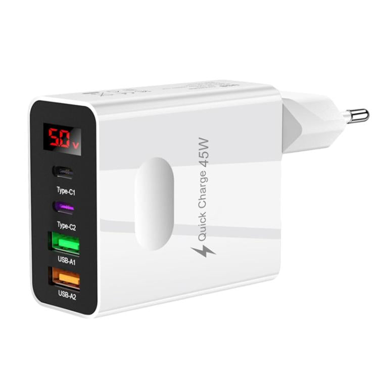 شاحن متعدد المنافذ للهاتف المحمول مع شاشة رقمية 2 USB + 2 Type-C، قابس الاتحاد الأوروبي أسود، قابس الولايات المتحدة أسود، قابس المملكة المتحدة أسود، قابس الاتحاد الأوروبي أبيض، قابس الولايات المتحدة أبيض، قابس المملكة المتحدة أبيض