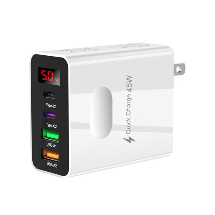 شاحن متعدد المنافذ للهاتف المحمول مع شاشة رقمية 2 USB + 2 Type-C، قابس الاتحاد الأوروبي أسود، قابس الولايات المتحدة أسود، قابس المملكة المتحدة أسود، قابس الاتحاد الأوروبي أبيض، قابس الولايات المتحدة أبيض، قابس المملكة المتحدة أبيض