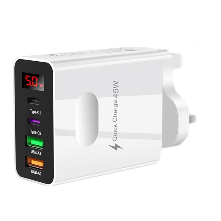 شاحن متعدد المنافذ للهاتف المحمول مع شاشة رقمية 2 USB + 2 Type-C، قابس الاتحاد الأوروبي أسود، قابس الولايات المتحدة أسود، قابس المملكة المتحدة أسود، قابس الاتحاد الأوروبي أبيض، قابس الولايات المتحدة أبيض، قابس المملكة المتحدة أبيض