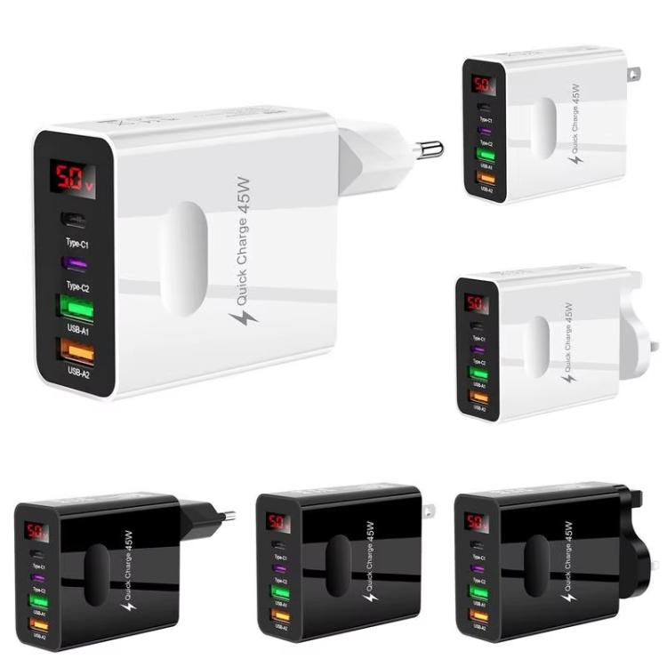 شاحن متعدد المنافذ للهاتف المحمول مع شاشة رقمية 2 USB + 2 Type-C، قابس الاتحاد الأوروبي أسود، قابس الولايات المتحدة أسود، قابس المملكة المتحدة أسود، قابس الاتحاد الأوروبي أبيض، قابس الولايات المتحدة أبيض، قابس المملكة المتحدة أبيض