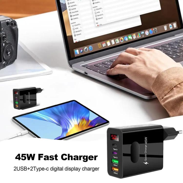 شاحن متعدد المنافذ للهاتف المحمول مع شاشة رقمية 2 USB + 2 Type-C، قابس الاتحاد الأوروبي أسود، قابس الولايات المتحدة أسود، قابس المملكة المتحدة أسود، قابس الاتحاد الأوروبي أبيض، قابس الولايات المتحدة أبيض، قابس المملكة المتحدة أبيض