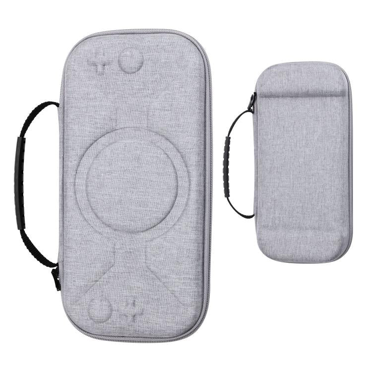 Sacoche de rangement portable à motif O pour Nintendo Switch 2, en PU noir à motif O et en tissu gris à motif O.