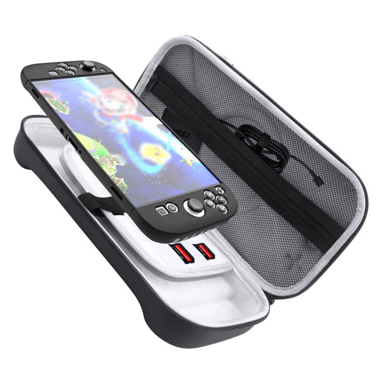 Sacoche de rangement portable à motif O pour Nintendo Switch 2, en PU noir à motif O et en tissu gris à motif O.