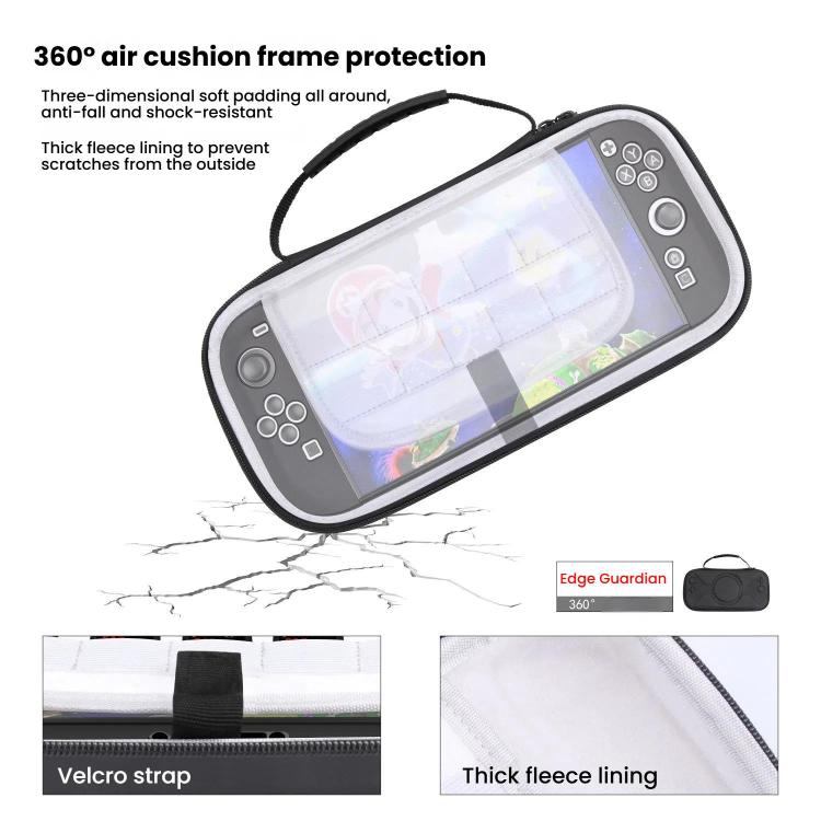 Sacoche de rangement portable à motif O pour Nintendo Switch 2, en PU noir à motif O et en tissu gris à motif O.