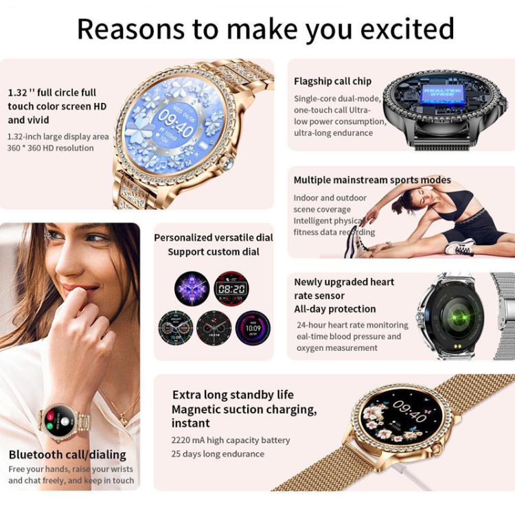 Bluetooth Calling AI Voice Assistant Life Waterproof Sports Smartwatch, Black Silicone Strap, Gold Pink Silicone Strap, Silver Gray Silicone Strap, Gold Rough Steel Strap+Pink Silicone Strap, Silver Rough Steel Strap+Gray Silicone Strap                ...