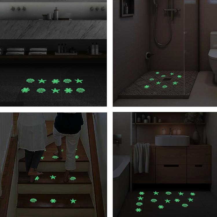 12pcs /Pack PEVA Self-Adhesive Glow-in-the-Dark Anti-Slip Stickers for Bathroom, Stairs, Floor, Strip 2x20cm, Strip 2x38cm, S-shape 1.3x18cm, Round 8cm, Round 10cm, Flower 8cm, Flower 10cm, Conch