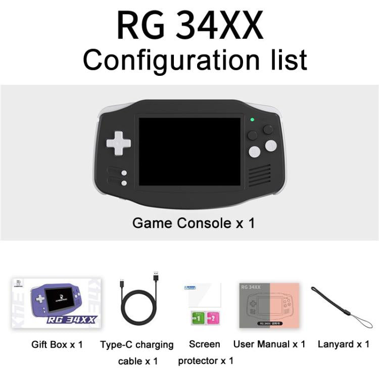 Console de jeux portable ANBERNIC RG 34XX, style rétro classique, sans fil et Wi-Fi. Disponible en version standard 32 Go (sans jeu), standard + 64 Go, standard + 128 Go et standard + 256 Go.